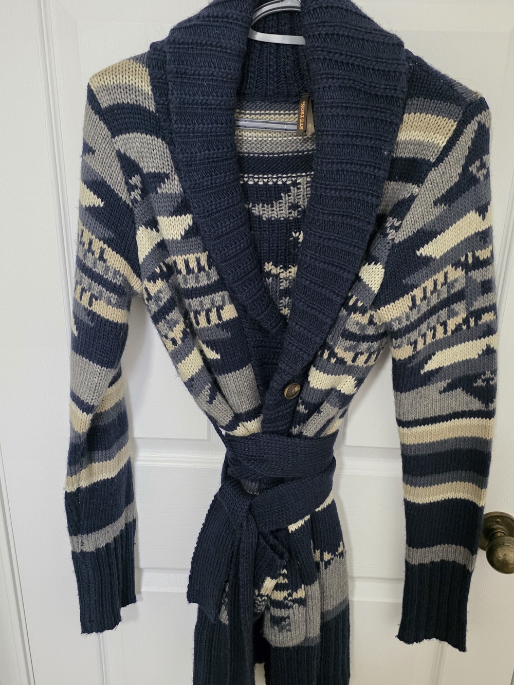 Stetson Women’s Navy & Cream Patterned Shawl Collar Sweater Cardigan